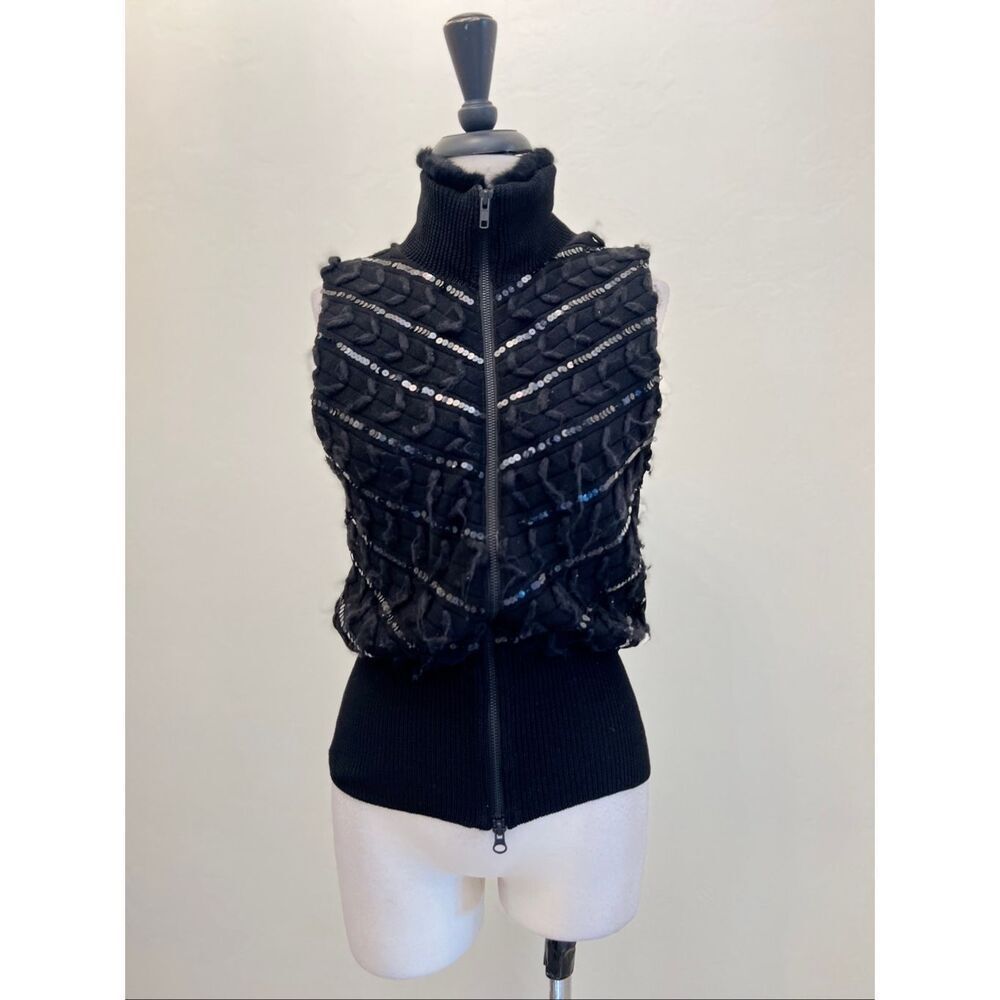 A/X Armani Exchange Women's Faux Fur Sequin Embellished Vest Jacket Black Large